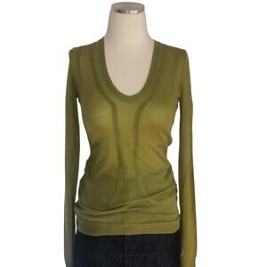 BCBG Sheer Olive Green V-Neck Pullover Sweater Wool Blend XS Long Sleeve Knit
